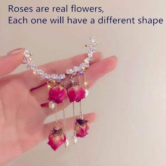 🌹🌹🌹Rose Ear Climber Set / Bohemian Pearl & Rose Earring🌹🌹🌹 - Picture 4 of 6